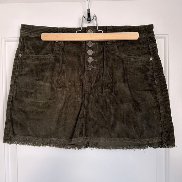 Olive Green Button Up Corduroy Mini Skirt with Fringe Raw Hem - Picture 1 of 8
